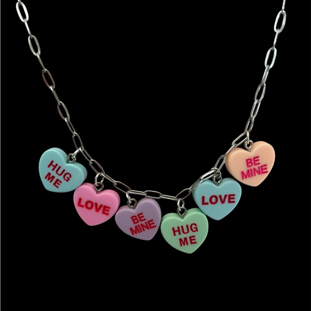 Conversation Hearts Charm Paperclip Necklace Valentine Coquette Jewelry Gift - Picture 2 of 6